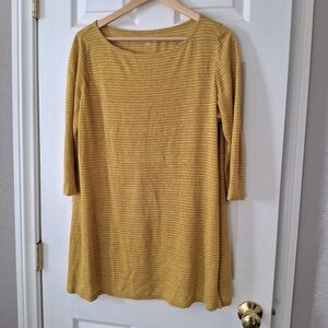 Eileen Fisher Striped Organic Linen Jersey Ministrpe Tee Mustard 3/4  Womens M